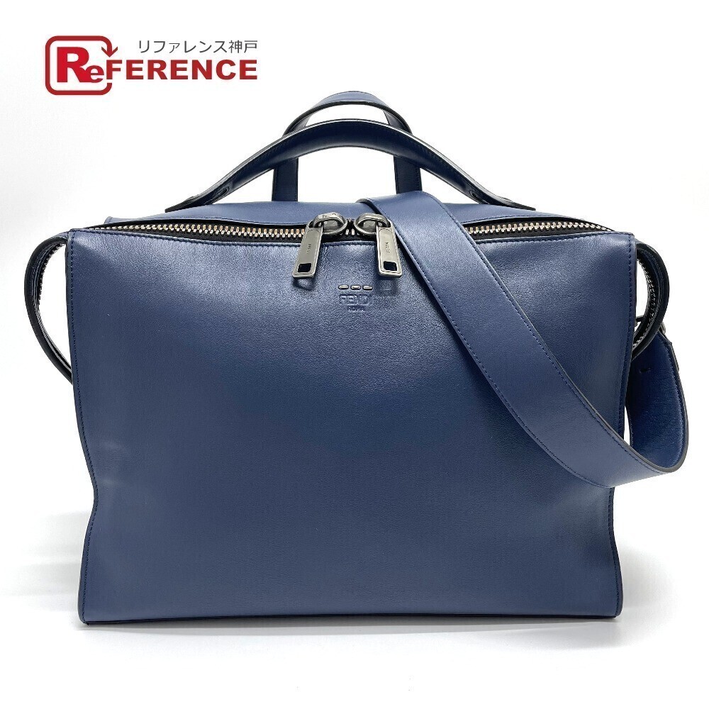 Fendi Briefcase Shoulder Bag Business Leather Navy Blue